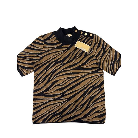 NWT MICHAEL Michael Kors Sz S Black Zebra Stripe Knit Short Sleeve Sweater - Picture 1 of 4